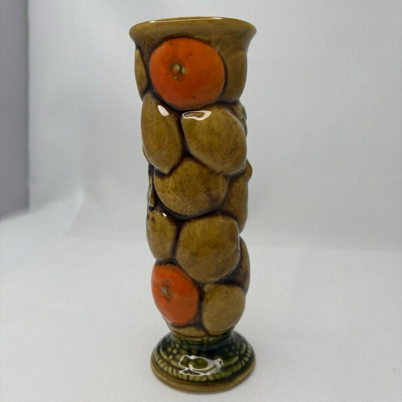 Vintage INARCO Japan Fruit Relief Tall Vase Brown Orange Ceramic 7”