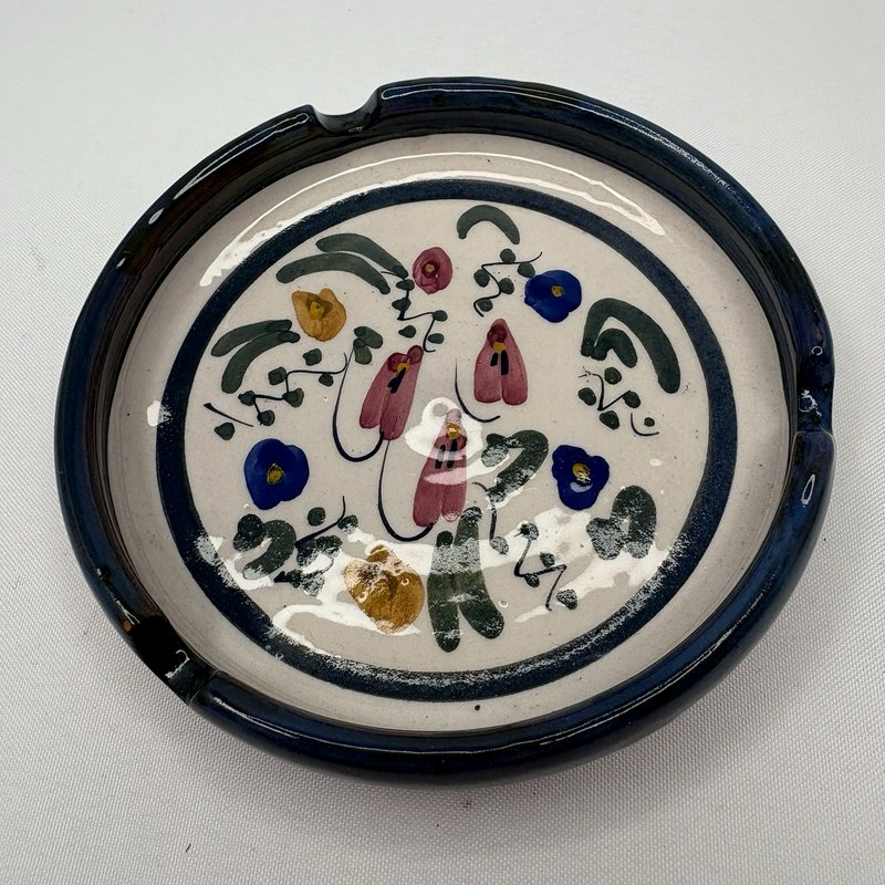 Hand Painted Floral Pottery Ashtray Signed Stoneware Trinket Dish