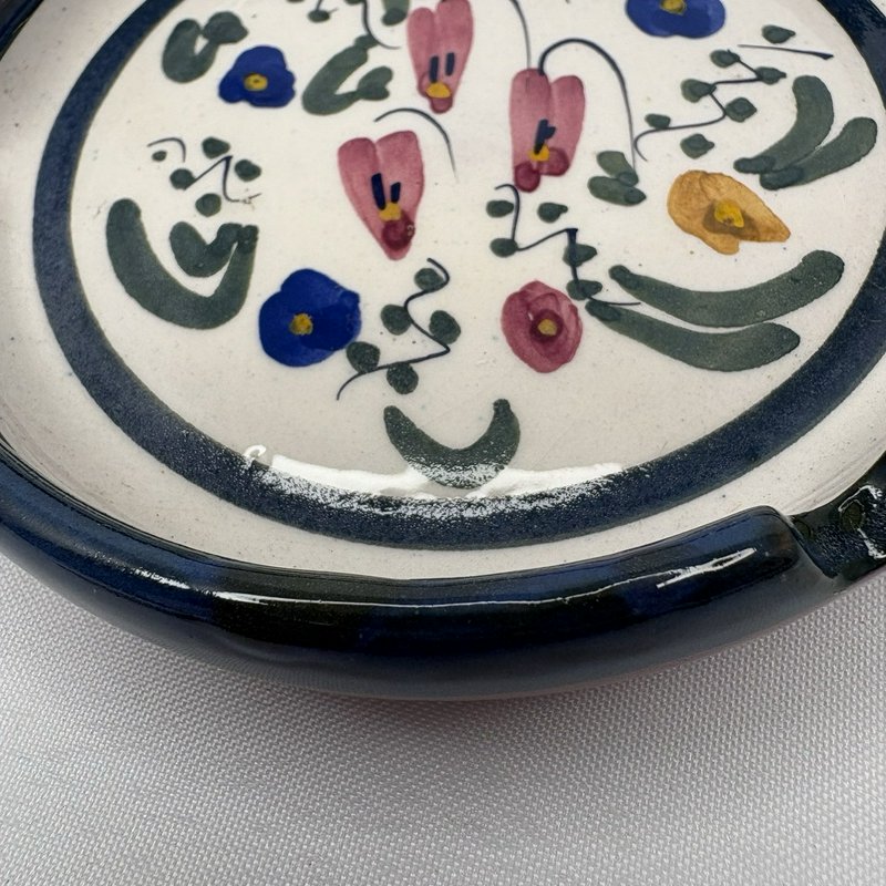 Hand Painted Floral Pottery Ashtray Signed Stoneware Trinket Dish