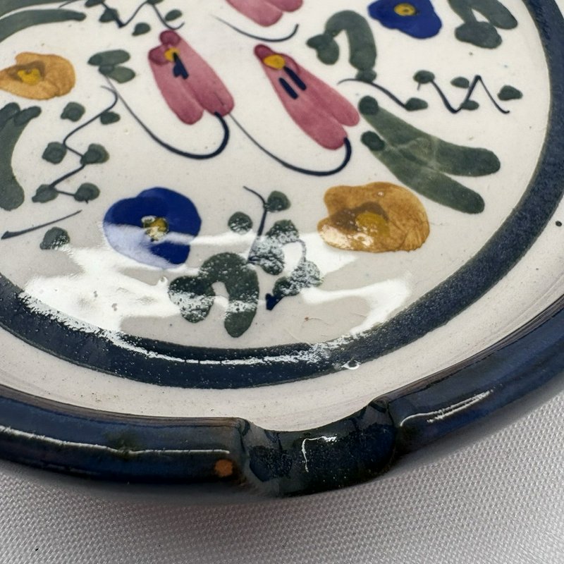 Hand Painted Floral Pottery Ashtray Signed Stoneware Trinket Dish
