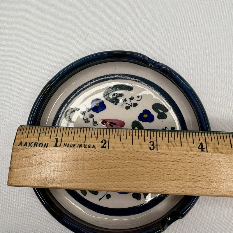 Hand Painted Floral Pottery Ashtray Signed Stoneware Trinket Dish