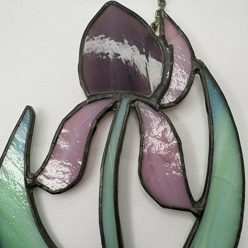 Stained Glass Iris Flower Suncatcher Purple Pink Green Hanging Panel