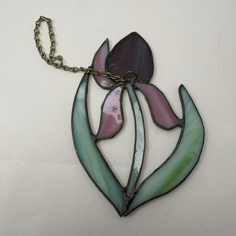 Stained Glass Iris Flower Suncatcher Purple Pink Green Hanging Panel
