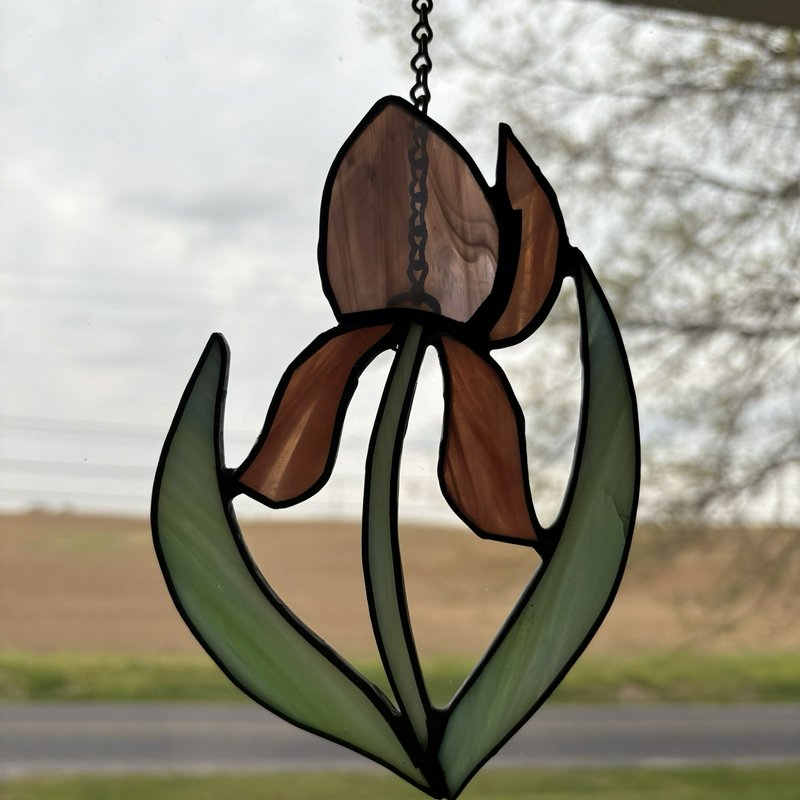 Stained Glass Iris Flower Suncatcher Purple Pink Green Hanging Panel