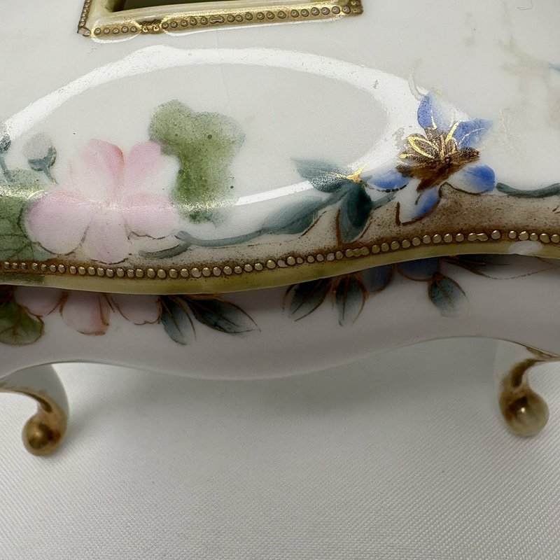Antique Nippon Hand Painted Floral Porcelain Footed "Hair Receiver" Box