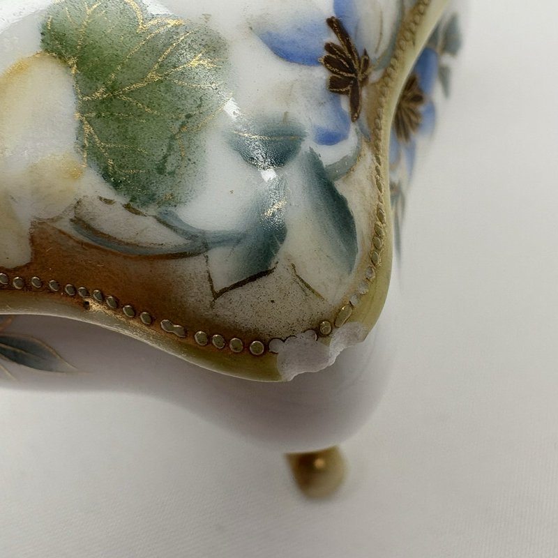 Antique Nippon Hand Painted Floral Porcelain Footed "Hair Receiver" Box