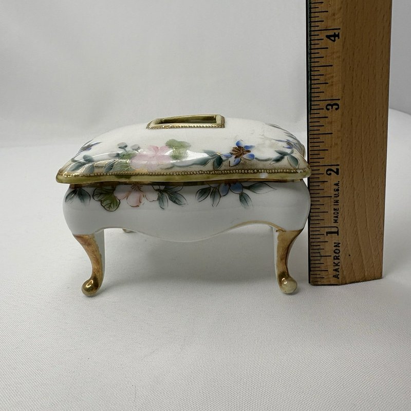 Antique Nippon Hand Painted Floral Porcelain Footed "Hair Receiver" Box