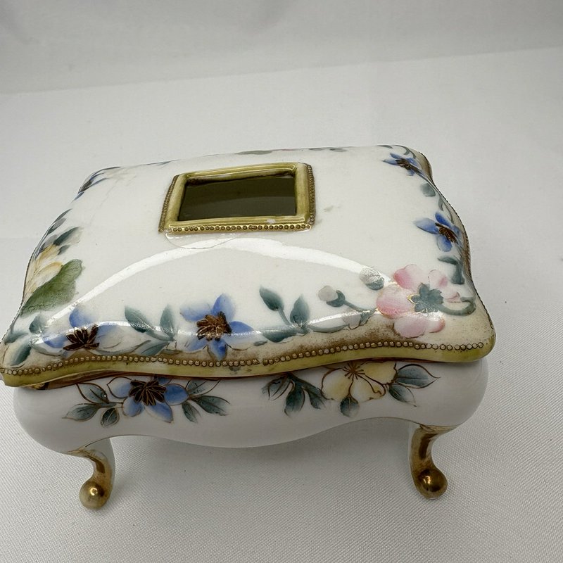 Antique Nippon Hand Painted Floral Porcelain Footed "Hair Receiver" Box