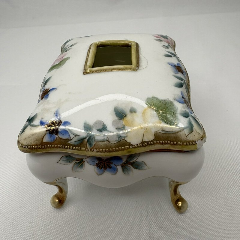 Antique Nippon Hand Painted Floral Porcelain Footed "Hair Receiver" Box