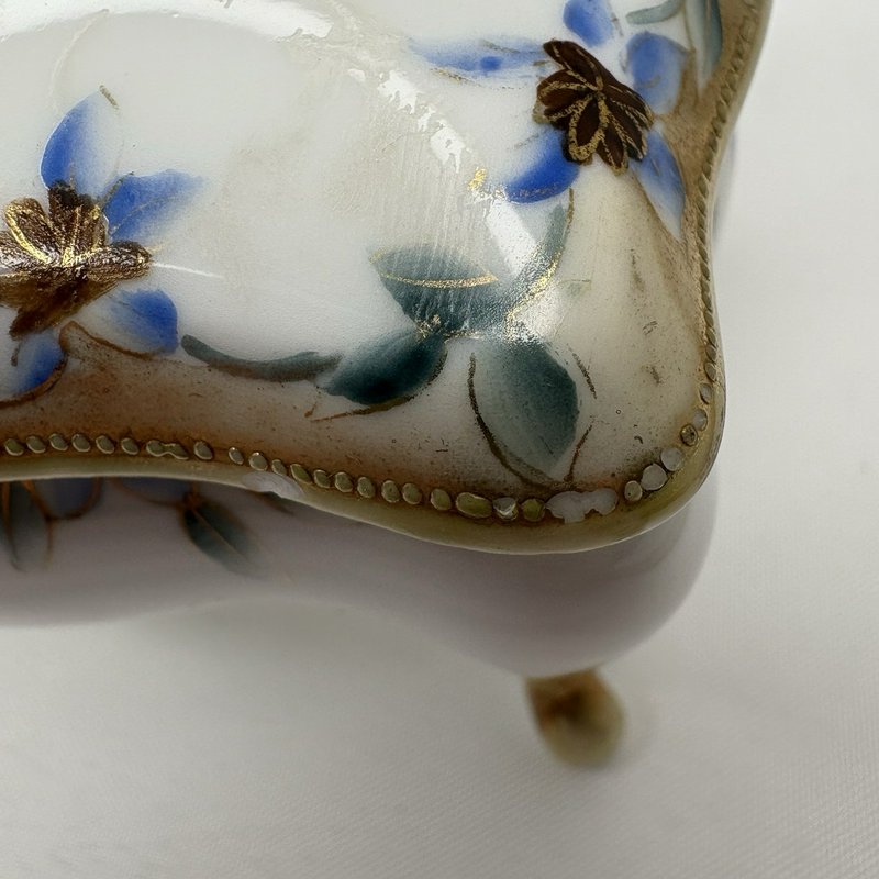 Antique Nippon Hand Painted Floral Porcelain Footed "Hair Receiver" Box