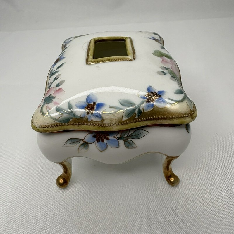 Antique Nippon Hand Painted Floral Porcelain Footed "Hair Receiver" Box