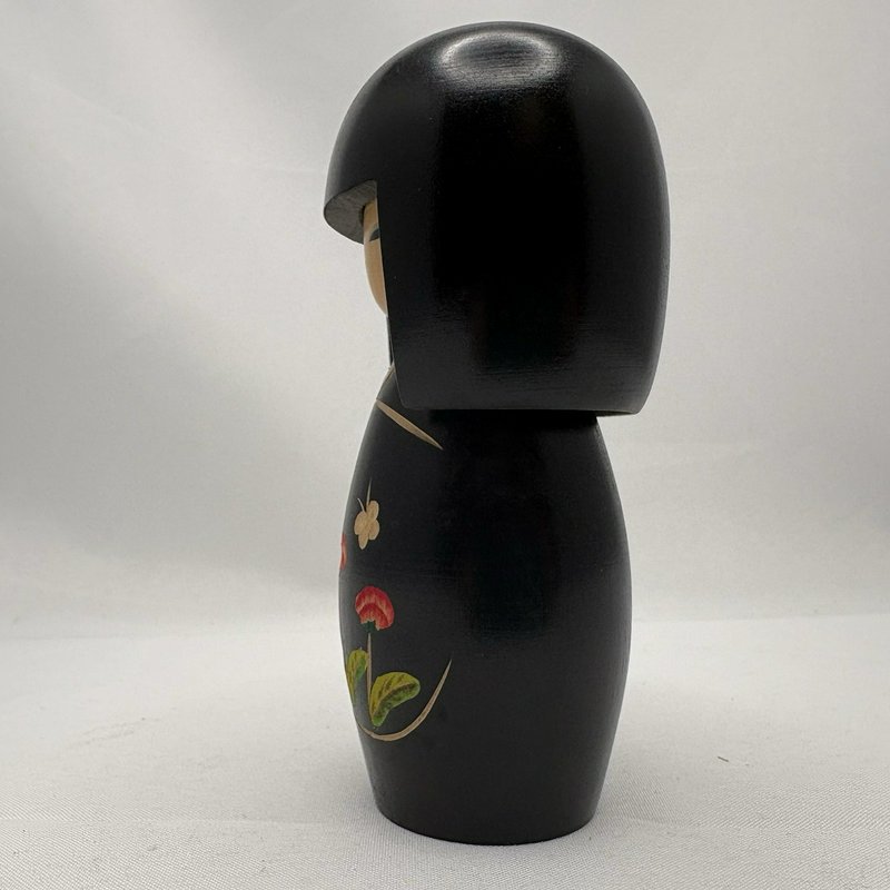 Vintage Kokeshi Doll Kinio Miyakawa Miyagi Award Artist Black Floral 5”