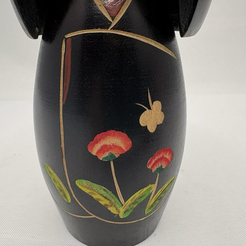 Vintage Kokeshi Doll Kinio Miyakawa Miyagi Award Artist Black Floral 5”