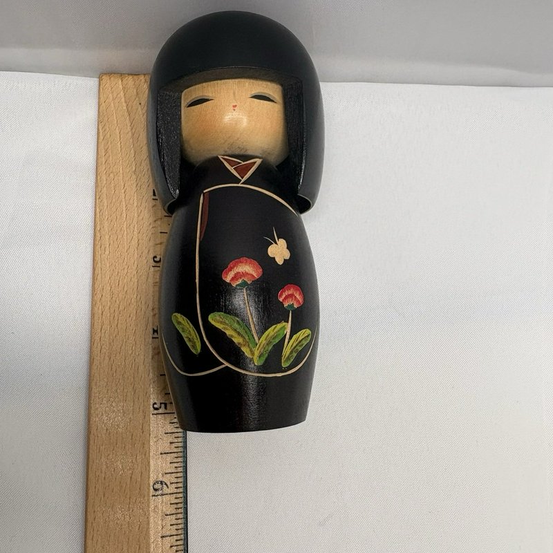 Vintage Kokeshi Doll Kinio Miyakawa Miyagi Award Artist Black Floral 5”