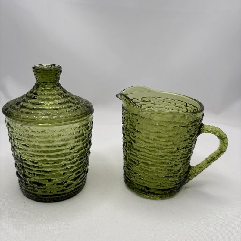 Vintage Anchor Hocking Lido Soreno Avocado Green Creamer Sugar Set