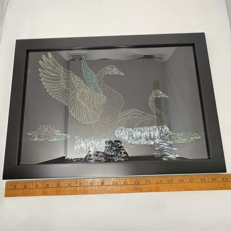 Vintage Swan Velvet Art Glitter Accents Framed Glass Wall Decor 20 x 14 inch