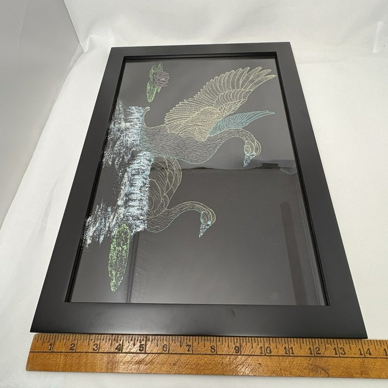 Vintage Swan Velvet Art Glitter Accents Framed Glass Wall Decor 20 x 14 inch