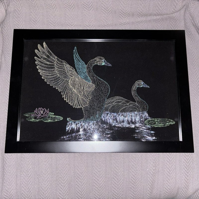 Vintage Swan Velvet Art Glitter Accents Framed Glass Wall Decor 20 x 14 inch