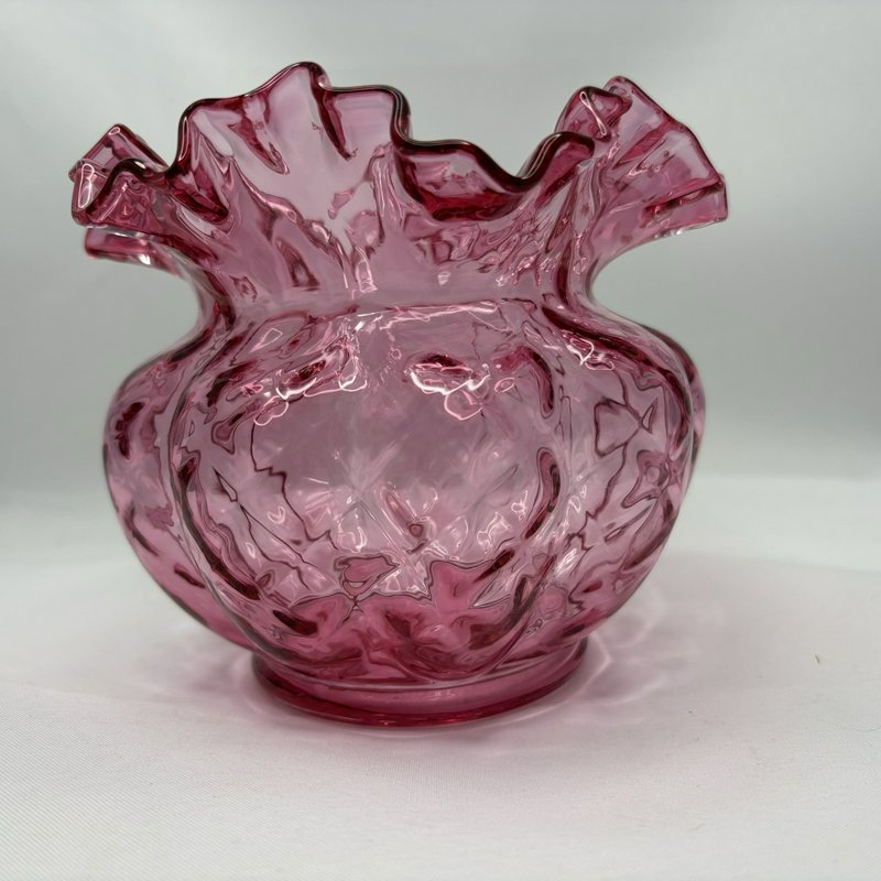 Vintage Cranberry Glass Ruffled Rose Bowl Vase Scalloped Edge Pink