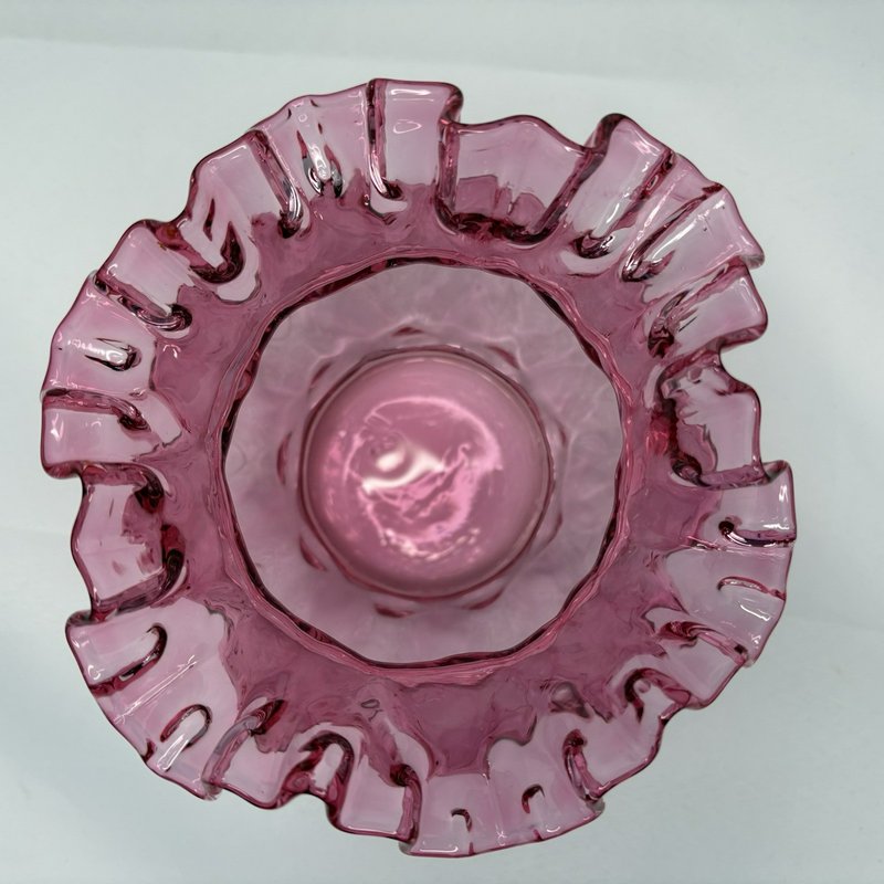 Vintage Cranberry Glass Ruffled Rose Bowl Vase Scalloped Edge Pink