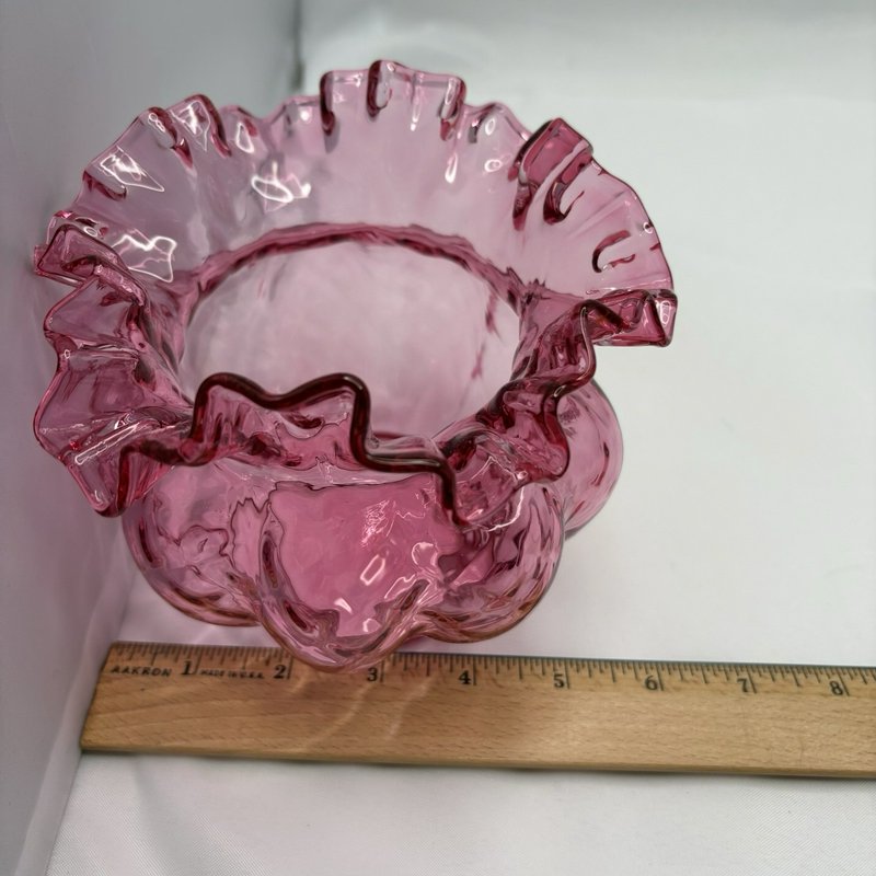 Vintage Cranberry Glass Ruffled Rose Bowl Vase Scalloped Edge Pink