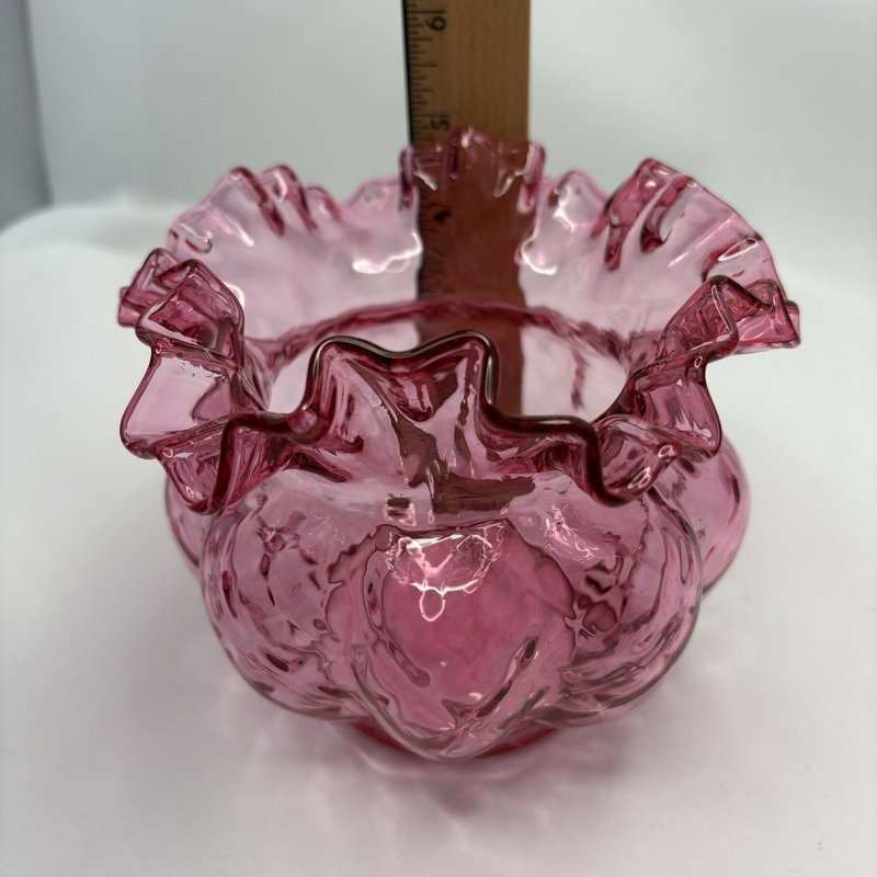 Vintage Cranberry Glass Ruffled Rose Bowl Vase Scalloped Edge Pink