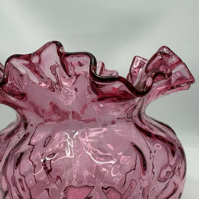 Vintage Cranberry Glass Ruffled Rose Bowl Vase Scalloped Edge Pink