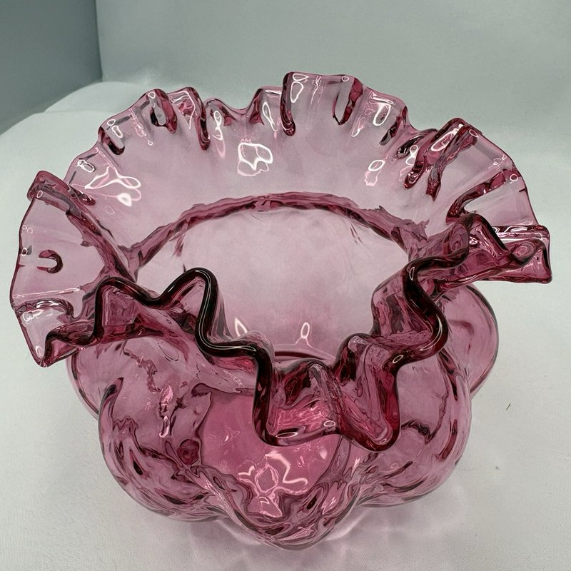 Vintage Cranberry Glass Ruffled Rose Bowl Vase Scalloped Edge Pink