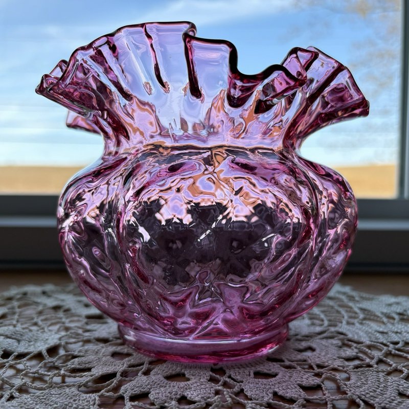Vintage Cranberry Glass Ruffled Rose Bowl Vase Scalloped Edge Pink