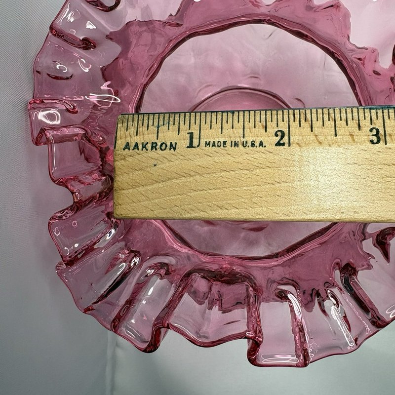 Vintage Cranberry Glass Ruffled Rose Bowl Vase Scalloped Edge Pink