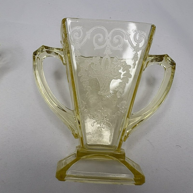 Vintage Yellow Depression Glass Creamer Sugar Set Etched Floral Footed