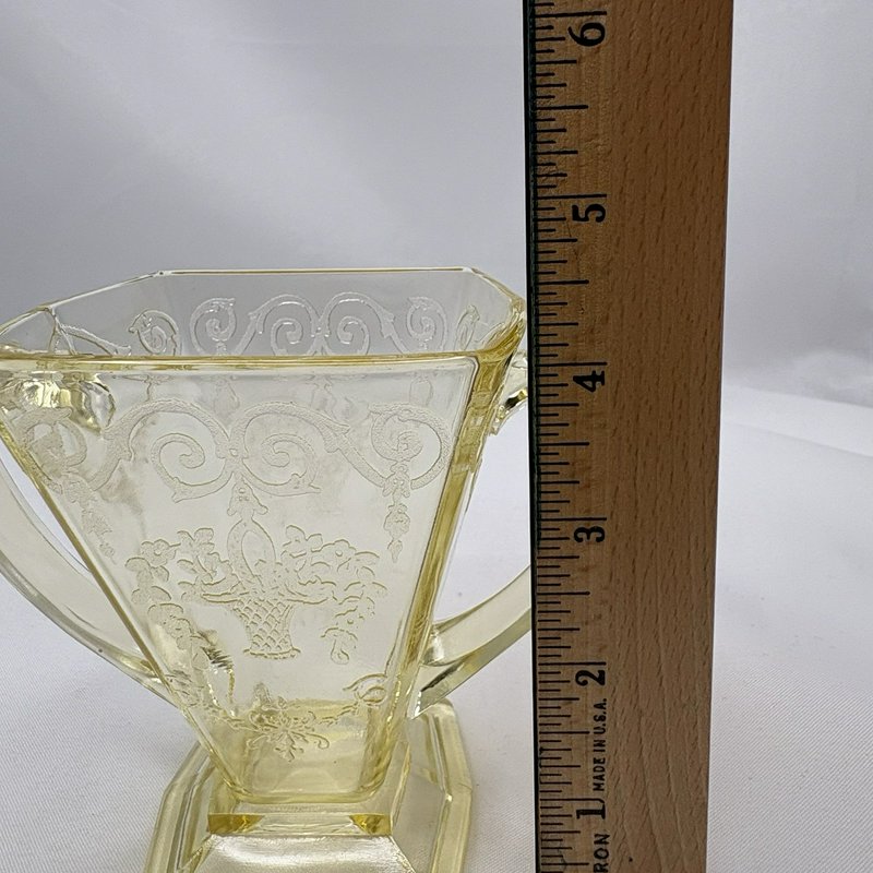 Vintage Yellow Depression Glass Creamer Sugar Set Etched Floral Footed