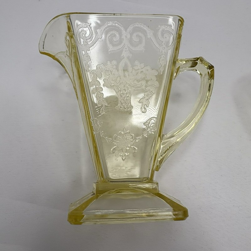 Vintage Yellow Depression Glass Creamer Sugar Set Etched Floral Footed