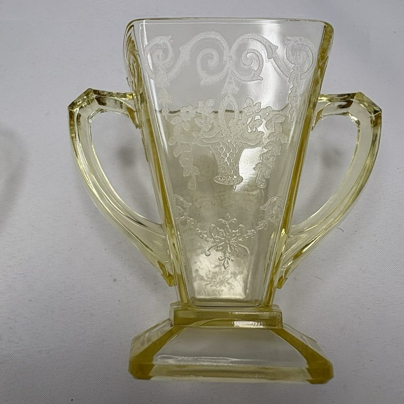 Vintage Yellow Depression Glass Creamer Sugar Set Etched Floral Footed