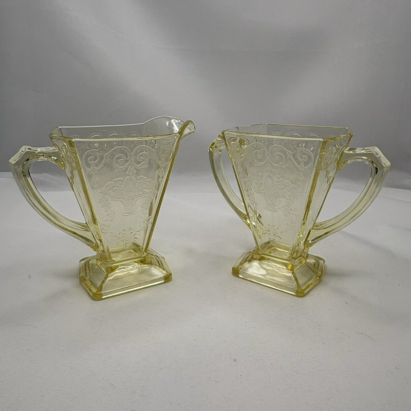 Vintage Yellow Depression Glass Creamer Sugar Set Etched Floral Footed