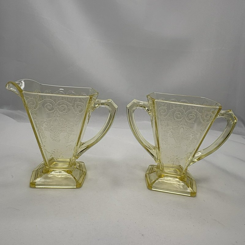 Vintage Yellow Depression Glass Creamer Sugar Set Etched Floral Footed