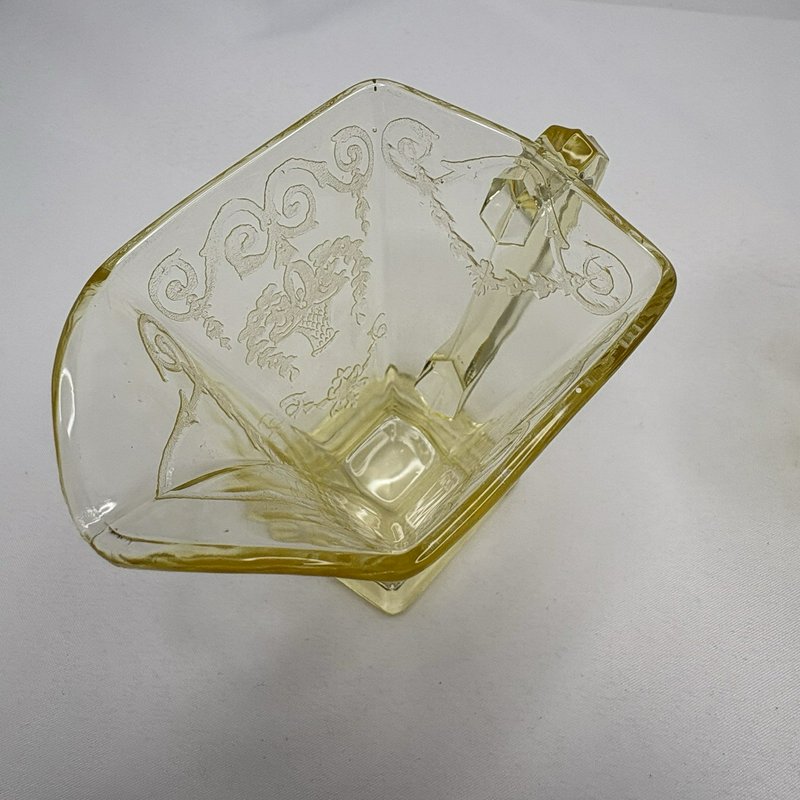 Vintage Yellow Depression Glass Creamer Sugar Set Etched Floral Footed