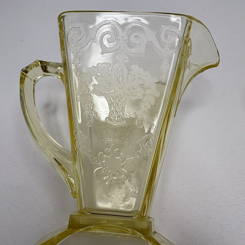 Vintage Yellow Depression Glass Creamer Sugar Set Etched Floral Footed