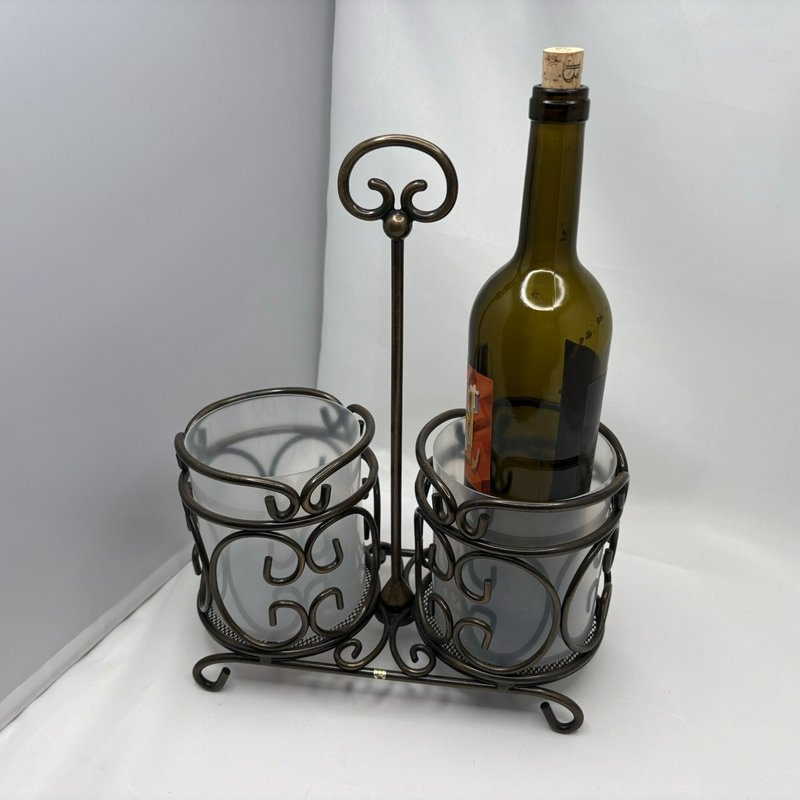 Princess House Meridian Wine Bottle Holder Caddy w Inserts Metal Scroll