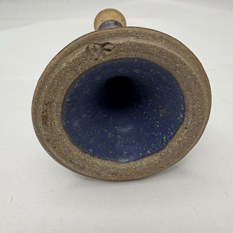 Studio Pottery Candle Holder Blue Brown Drip Glaze Handmade