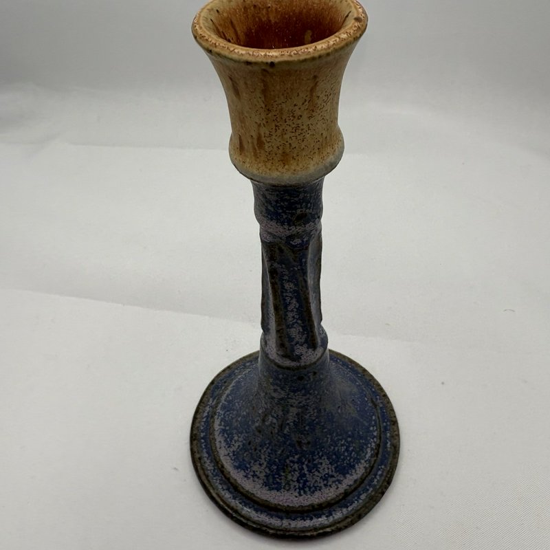 Studio Pottery Candle Holder Blue Brown Drip Glaze Handmade