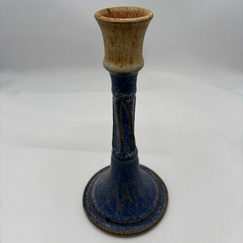 Studio Pottery Candle Holder Blue Brown Drip Glaze Handmade