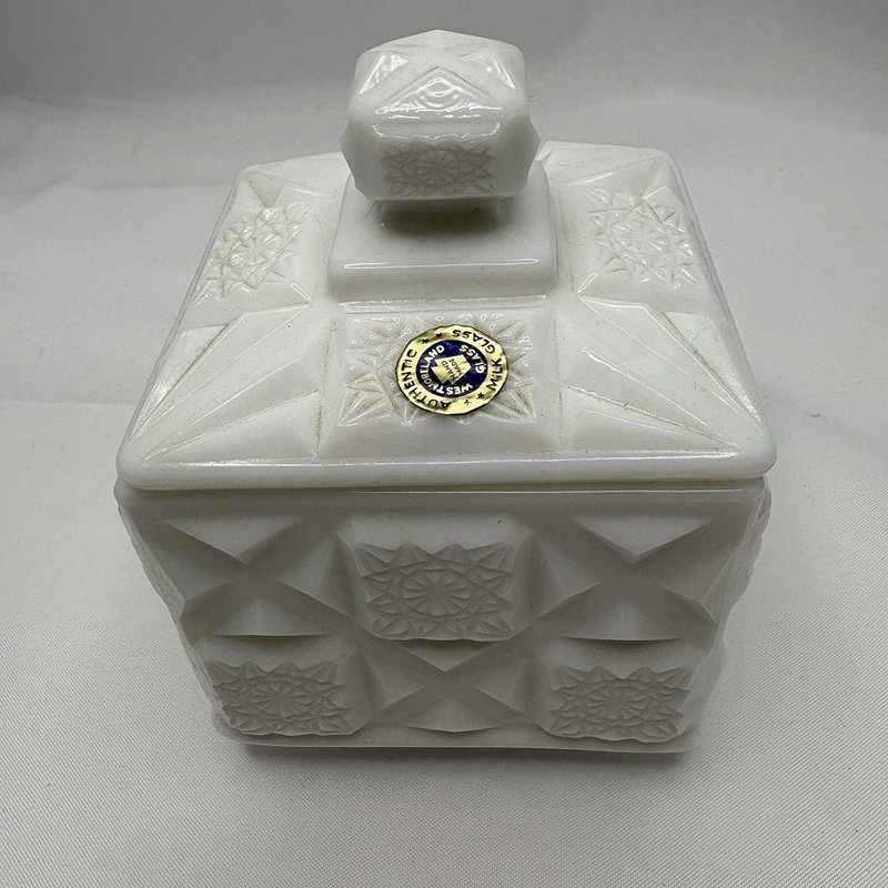 Vintage Westmoreland Milk Glass Covered Dish Paneled Quilt Square Box