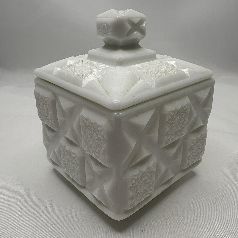Vintage Westmoreland Milk Glass Covered Dish Paneled Quilt Square Box