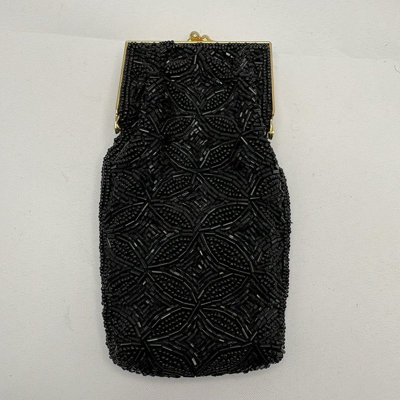 Vintage Bechamel Black Beaded Purse Gold Tone Frame Kiss Lock