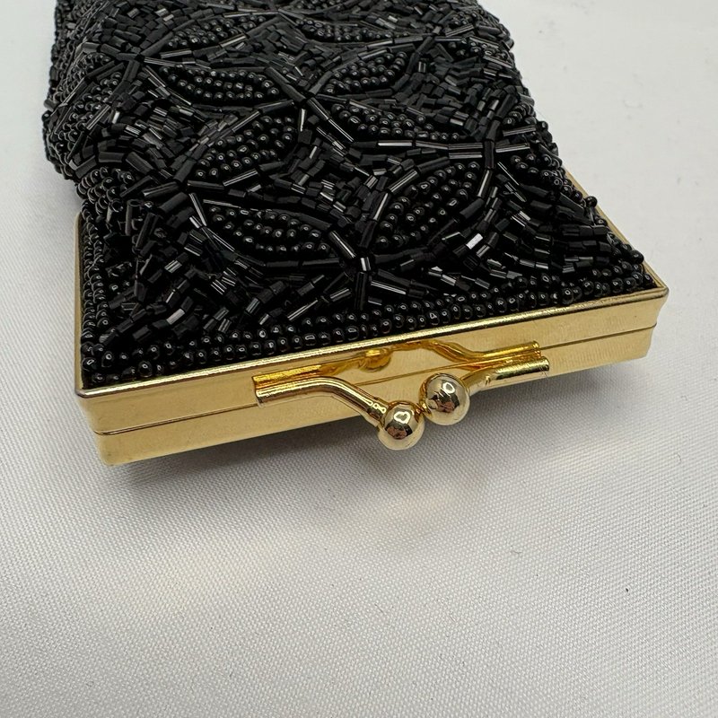 Vintage Bechamel Black Beaded Purse Gold Tone Frame Kiss Lock