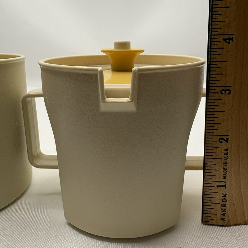 Vintage Tupperware Creamer Sugar Set Yellow Lid Beige Mid Century USA