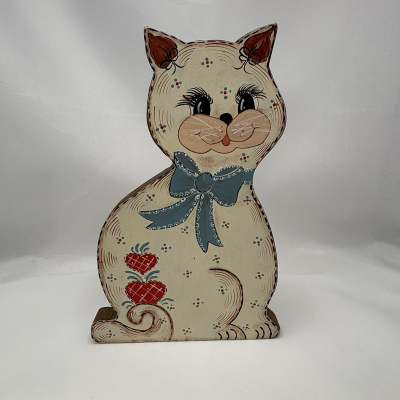 Vintage Folk Art Hand Painted Wood Cat Doorstop Cottagecore Farmhouse