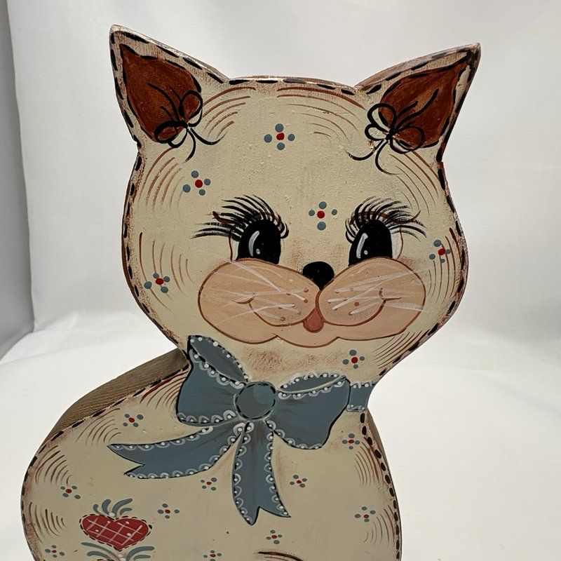 Vintage Folk Art Hand Painted Wood Cat Doorstop Cottagecore Farmhouse