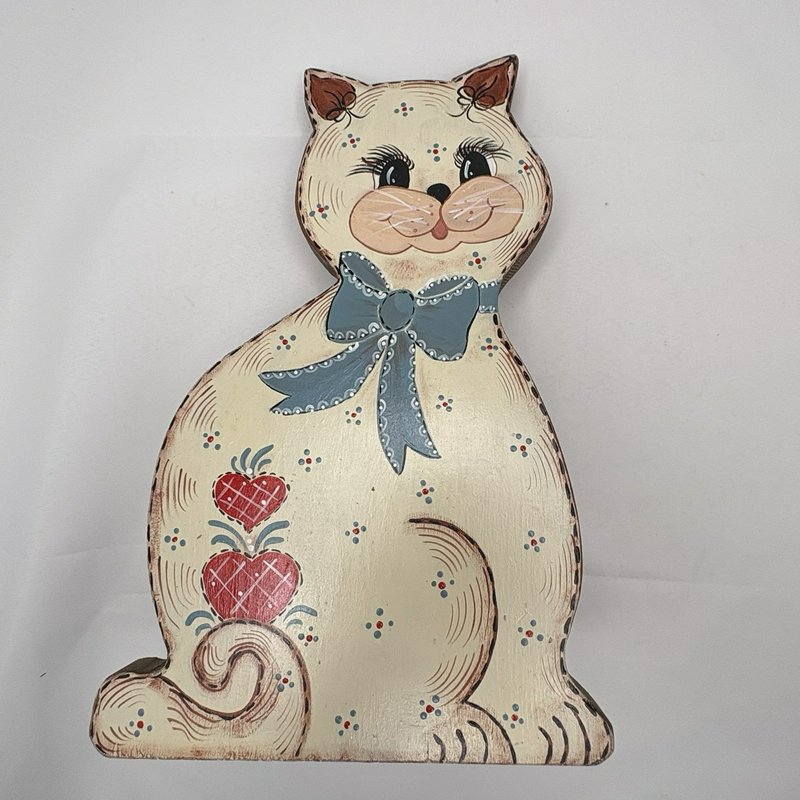 Vintage Folk Art Hand Painted Wood Cat Doorstop Cottagecore Farmhouse
